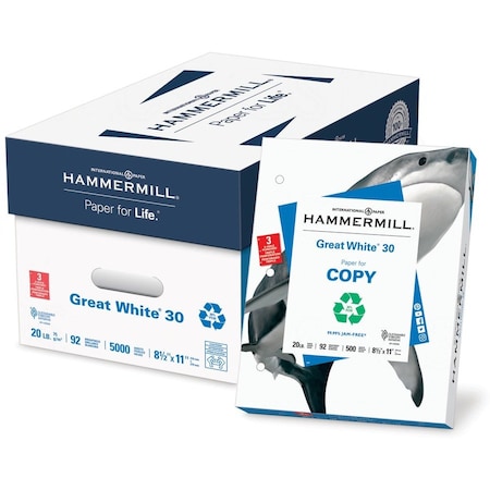 Hammermill Printer Paper, 20lb Great White 30, 3 Hole Punch, 92 Bright, 8.5x11, 10 Ream, 5000 Sheets